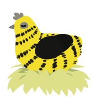 A yellow and black chicken with a bar pattern