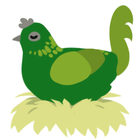 Vine, a leaf and chartreuse chicken with a neck-speckle pattern