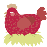 White Aye, a crimson and red chicken with a speckle pattern