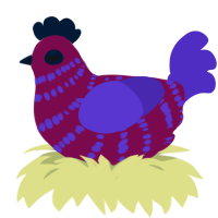 Blooby, a wine and indigo chicken with a bar pattern
