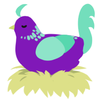 peeps marshmallow, a violet and mint chicken with a neck-speckle pattern