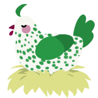 A white and viridian chicken with a speckle pattern