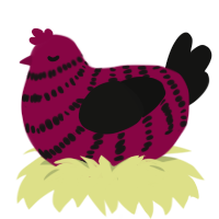 A maroon and black chicken with a bar pattern