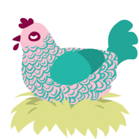 A rose and turquoise chicken with a double-lace pattern