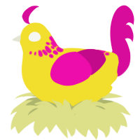 A yellow and fuchsia chicken with a neck-speckle pattern