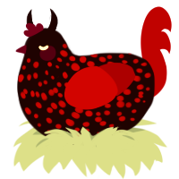 A black and crimson chicken with a speckle pattern