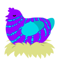 RUBBERDUCKDIMENSION, a violet and teal chicken with a bar pattern