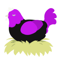 Aurel, a black and amethyst chicken with a head pattern