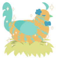 peach, a honey and aqua chicken with a bar pattern