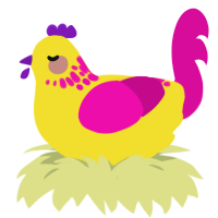 A yellow and fuchsia chicken with a neck-speckle pattern