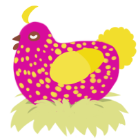 A fuchsia and yellow chicken with a speckle pattern