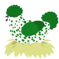 overgrown moss, a white and leaf chicken with a speckle pattern