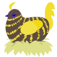 woman in stem, a bark and yellow chicken with a bar pattern