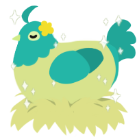 A lemon and turquoise chicken with a head pattern