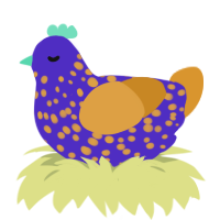 A indigo and orange chicken with a speckle pattern