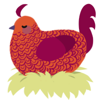 A vermilion and maroon chicken with a double-lace pattern