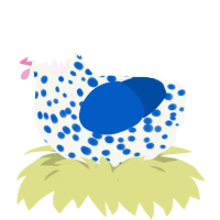 A white and ultramarine chicken with a speckle pattern