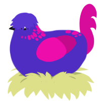 A indigo and fuchsia chicken with a neck-speckle pattern