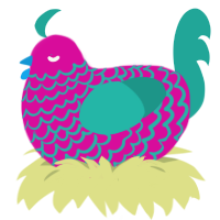 A fuchsia and turquoise chicken with a lace pattern