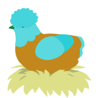 A ochre and aqua chicken with a head pattern