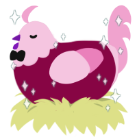 A maroon and pink chicken with a head pattern