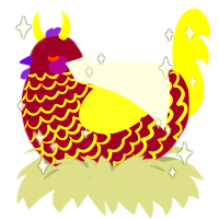 A maroon and yellow chicken with a lace pattern