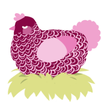 Poppet, a maroon and pink chicken with a double-lace pattern