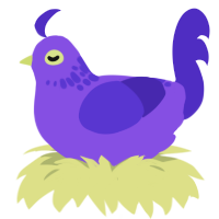 ET, a blurple and indigo chicken with a neck-speckle pattern