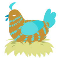A gold and aqua chicken with a bar pattern