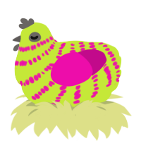 A lime and fuchsia chicken with a bar pattern