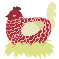 Max, a crimson and white chicken with a lace pattern