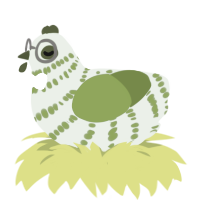 Atticus, a gluppy and chartreuse chicken with a bar pattern