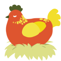some pulp, a vermilion and yellow chicken with a neck-speckle pattern