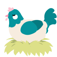 A cream and teal chicken with a head pattern