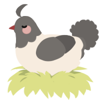 Pigeon in a bag, a cream and grey chicken with a head pattern