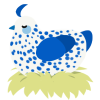 Spoon, a white and ultramarine chicken with a speckle pattern