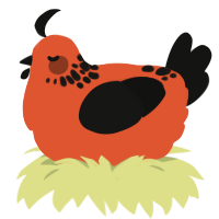 sus orange jr, a vermilion and black chicken with a neck-speckle pattern
