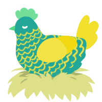 A turquoise and yellow chicken with a lace pattern