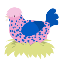 A pink and ultramarine chicken with a speckle pattern