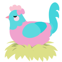 Poppy, a pink and aqua chicken with a head pattern