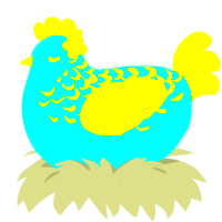 calypso, a aqua and yellow chicken with a half-lace pattern