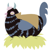 Jared, a black and ultramarine chicken with a bar pattern