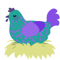 A turquoise and blurple chicken with a speckle pattern