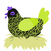 duckweed on the pond, a black and lime chicken with a double-lace pattern