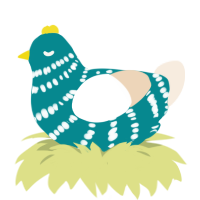 A teal and cream chicken with a bar pattern