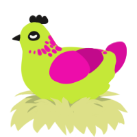 A lime and fuchsia chicken with a neck-speckle pattern