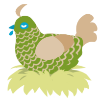A chartreuse and beige chicken with a lace pattern