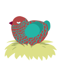 A red and turquoise chicken with a lace pattern