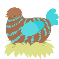 A brown and aqua chicken with a bar pattern