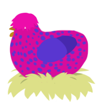 Nur kein Genieren, a fuchsia and indigo chicken with a speckle pattern